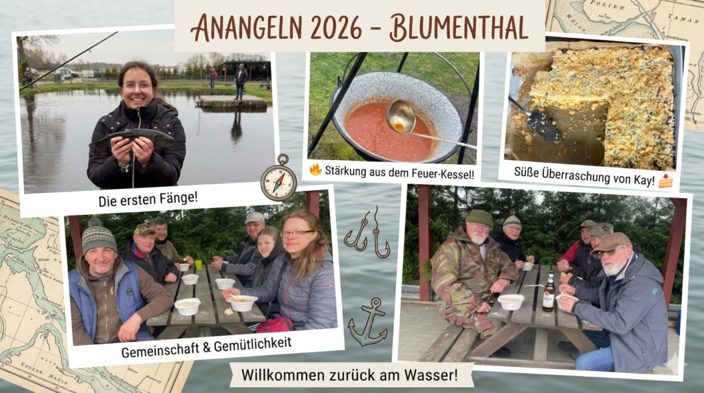 Mitglieder unseres Angelvereins beim Anangeln 2026 in Blumenthal mit Feuerkessel und Fang!